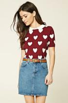 Forever21 Women's  Burgundy & Cream Heart Print Sweater Top