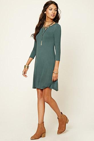 Love21 Women's  Hunter Green Stretch-knit Swing Dress