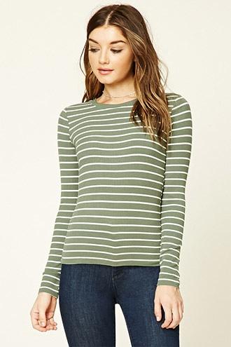 Forever21 Women's  Olive & Cream Stripe Knit Long Sleeve Top