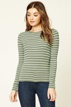 Forever21 Women's  Olive & Cream Stripe Knit Long Sleeve Top