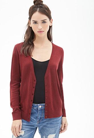 Forever21 Women's  Heather Burgundy Classic V-neck Cardigan
