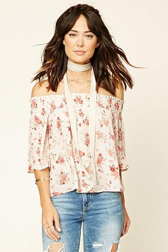 Forever21 Women's Ivory & Red Floral Off-the-shoulder Top
