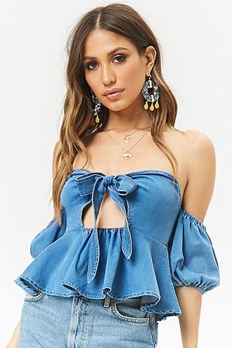 Forever21 Flounce Off-the-shoulder Chambray Top