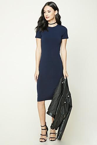 Forever21 Women's Navy Stretch-knit Midi Dress