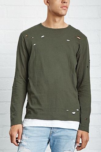 21 Men Men's  Olive Distressed Long-sleeve Tee