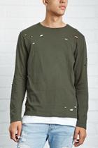 21 Men Men's  Olive Distressed Long-sleeve Tee