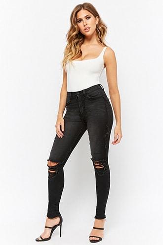 Forever21 Distressed Super Skinny Frayed-trim Jeans