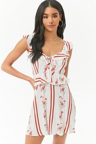 Forever21 Striped Floral Ruffle-trim Dress