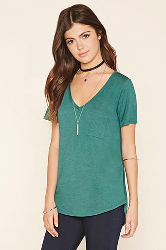 Forever21 Women's  Heather Green Boxy V-neck Tee