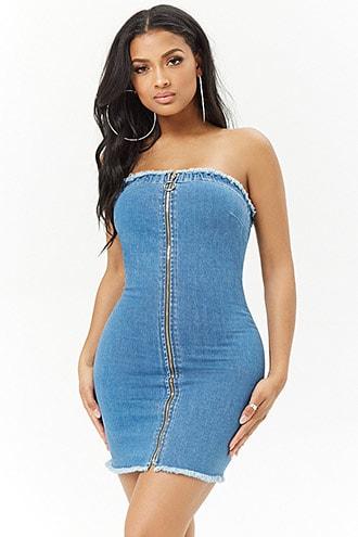 Forever21 Zip-up Tube Denim Mini Dress