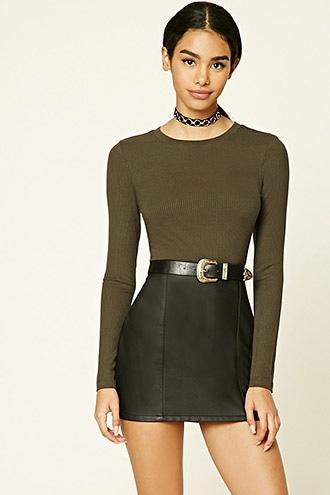 Forever21 Women's  Olive Crew Neck Ribbed Knit Top