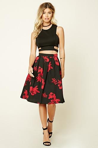 Forever21 Women's  Floral Print Pleated Skirt