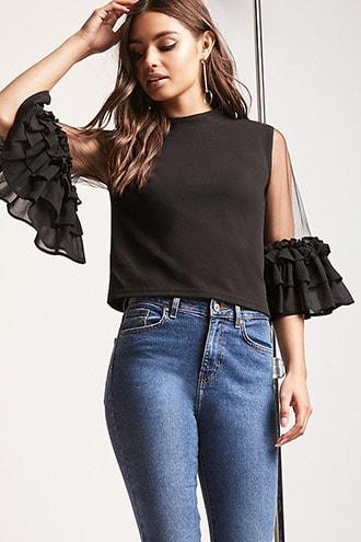 Forever21 Ruffle-sleeve Mock Neck Top