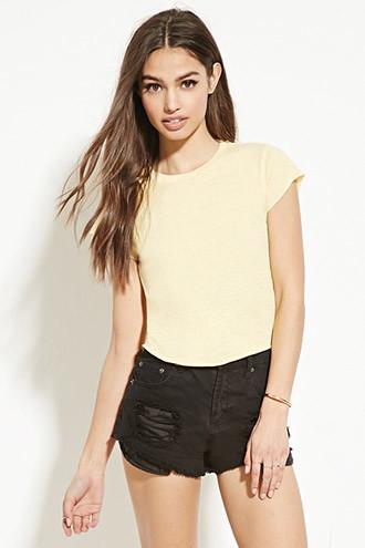 Forever21 Women's  Yellow Raw-cut Slub Knit Tee