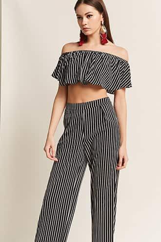 Forever21 Stripe Off-the-shoulder Crop Top & Pants Set