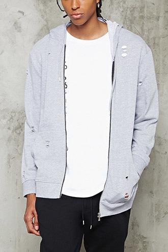 21 Men Men's  Distressed Zip-up Hoodie