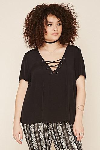 Forever21 Plus Women's  Black Plus Size Chiffon Lace-up Top