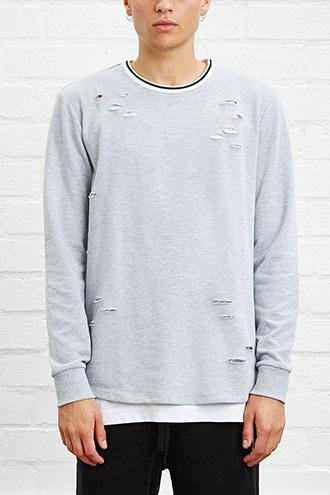21 Men Men's  Distressed Stripe-neck Sweater