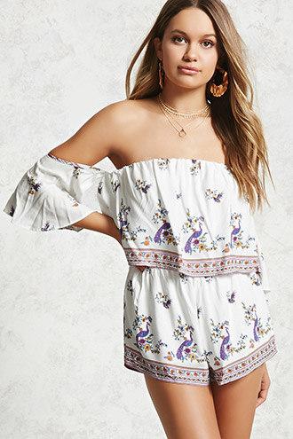 Forever21 Peacock Print Flounce Romper