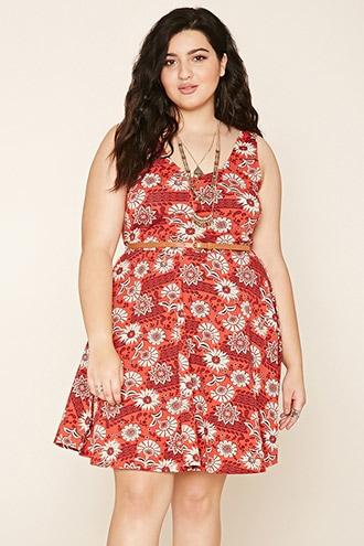 Forever21 Plus Women's  Rust & Cream Plus Size Belted Floral Dress