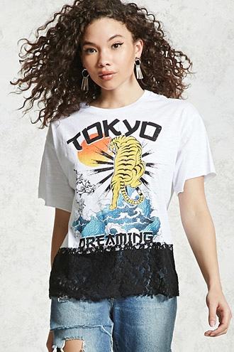 Forever21 Lace Hem Tiger Tee