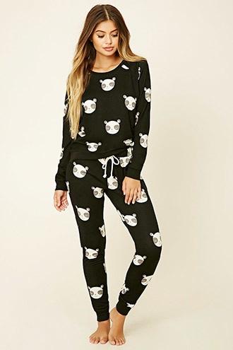 Forever21 Women's Black & Cream Happy Panda Print Pj Pants