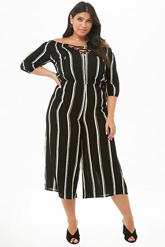 Forever21 Plus Size Crinkled Striped Off-the-shoulder Culotte Jumpsuit