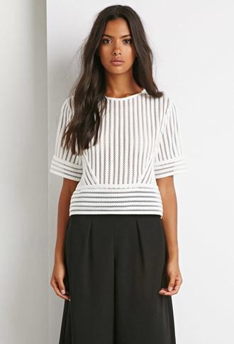 Forever21 Women's  Striped Mesh Boxy Top (white)