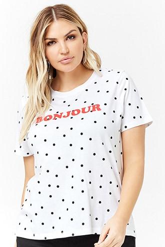 Forever21 Plus Size Polka Dot Bonjour Graphic Tee