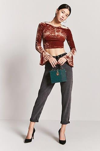 Forever21 Velvet Trumpet-sleeve Crop Top