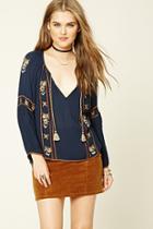 Forever21 Women's  Navy & Rust Embroidered Peasant Top