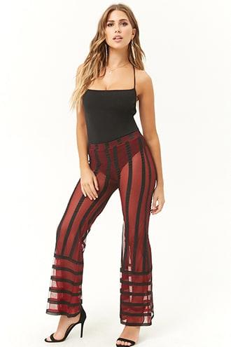 Forever21 Kikiriki Sheer Mesh Striped Flare Pants