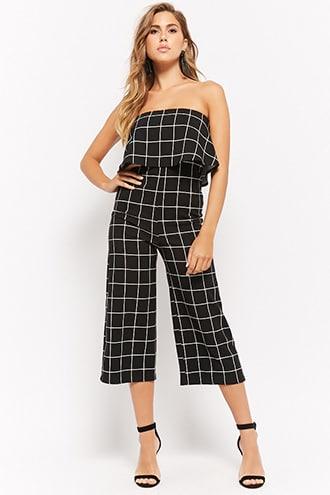 Forever21 Strapless Grid Print Culotte Jumpsuit