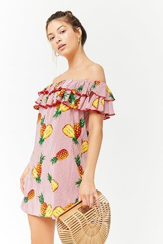 Forever21 Striped Pineapple Print Off-the-shoulder Dress