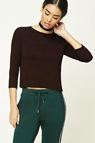 Forever21 Women's  Black & Aubergine Stripe Ribbed Knit Top