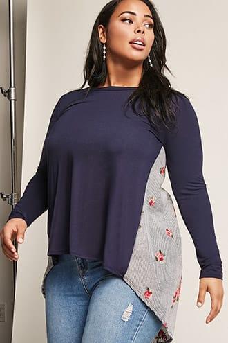 Forever21 Plus Size Contrast Floral Embroidered Stripe Top