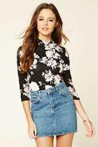 Forever21 Women's  Black & Pink Floral Print Mock Neck Top