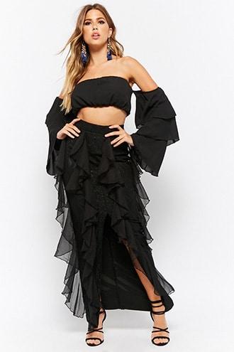 Forever21 Ruffled Slit Lace Maxi Skirt