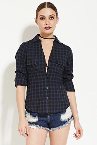 Forever21 Women's  Navy Plaid Cotton Shirt