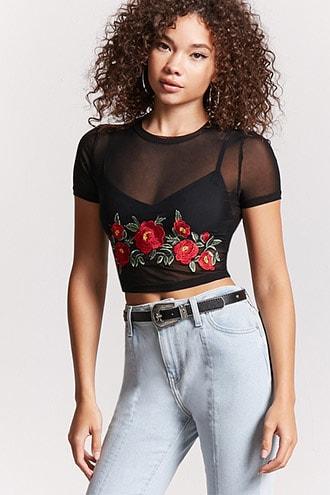 Forever21 Mesh Rose Applique Top