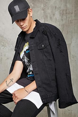 21 Men Men's  Black Distressed Denim Jacket