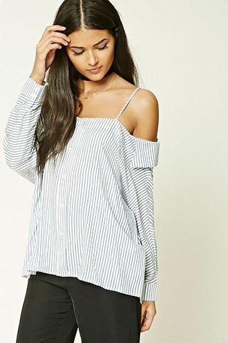 Love21 Women's  Ivory & Royal Contemporary Striped Shirt