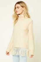 Forever21 Women's  Oatmeal Marled Tasseled Sweater Top