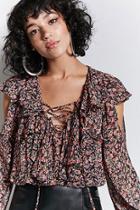 Forever21 Floral Ruffle Lace-up Top