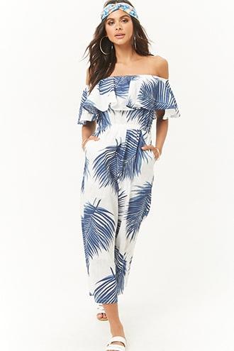 Forever21 Palm Leaf Print Off-the-shoulder Jumpsuit