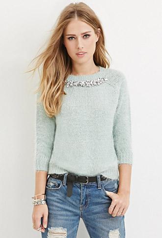 Forever21 Rhinestone-embellished Fuzzy Sweater
