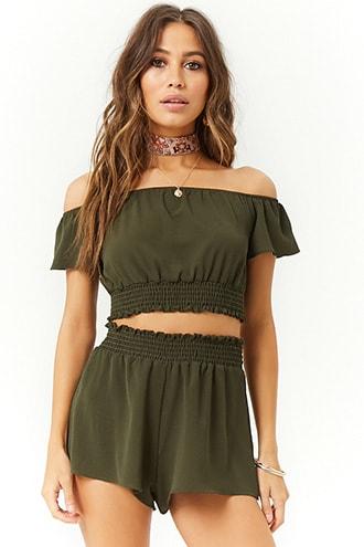 Forever21 Smocked Off-the-shoulder Crop Top & Shorts Set
