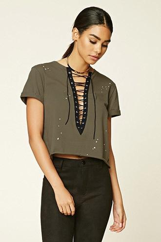 Forever21 Women's Olive Plunging Lace-up Top