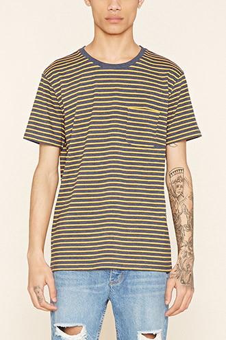 21 Men Men's  Blue & Yellow Striped Pocket Tee