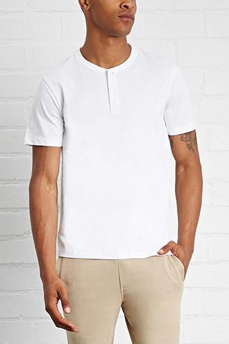 21 Men Men's  White Cotton Henley Tee